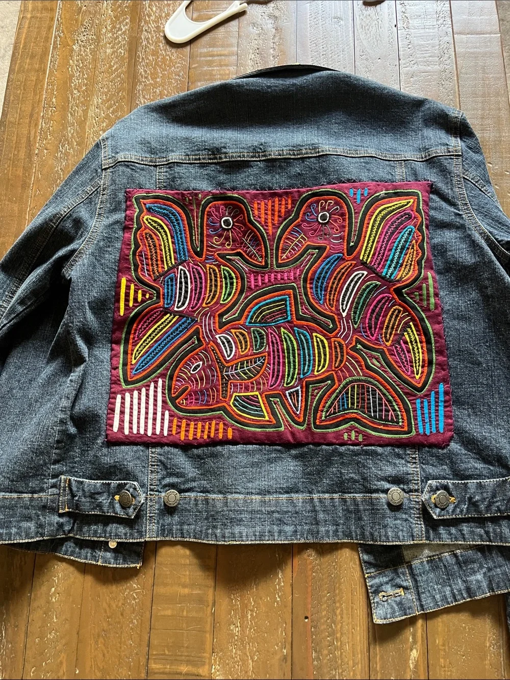 Embroidered Dark Denim Jacket with Multicolor Accents